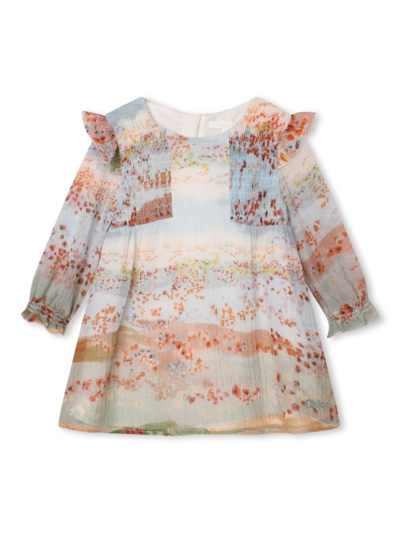 Chloé Babies' Floral-print Ruffled Wool Dress In Multicolour
