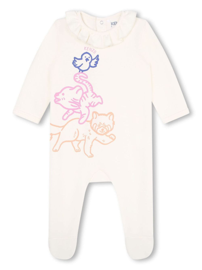 Kenzo Graphic-print Ruffled Babygrow In Neutrals