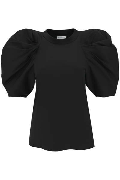Alexander Mcqueen T-shirt With Ruched Balloon Sleeves In Poly Faille In Black