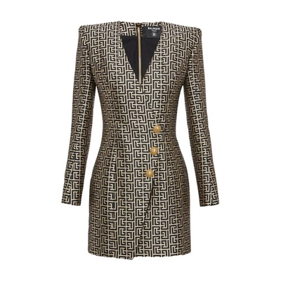 Balmain Jacquard Monogram Mini Dress In Gold