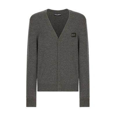 Dolce & Gabbana Cashmere And Wool Cardigan With Branded Tag In Melange_grey