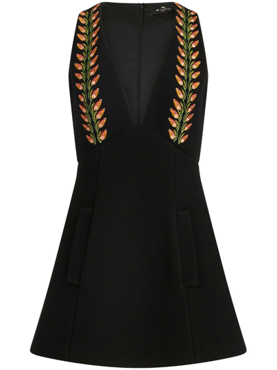Etro Mini Dress In Wool And Floral Embroidery In Black