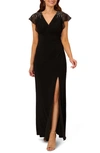 ADRIANNA PAPELL BEADED JERSEY & CHIFFON FAUX WRAP GOWN
