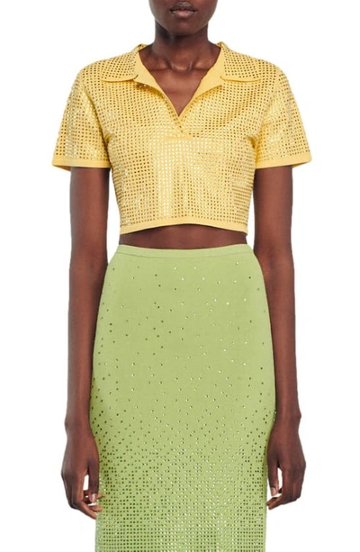 Sandro Vierge Embellished Crop Knit Polo Shirt In Yellow