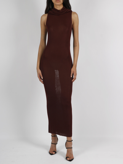Saint Laurent Maroon Halter Neck Long Dress In Bordeaux