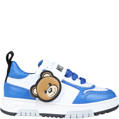 Moschino Kids' Light Blue Sneakers For Boy With Teddy Bear And Logo In White