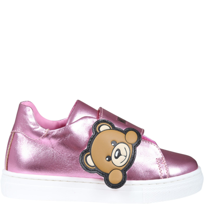 Moschino Kids' Logo Leather Sneakers In Pink