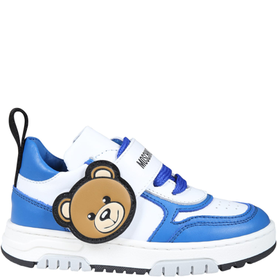 Moschino Kids' Light Blue Sneakers For Boy With Teddy Bear And Logo In White