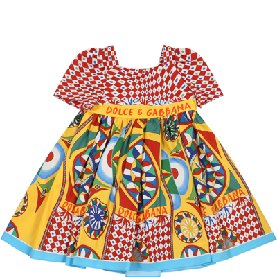 Dolce & Gabbana Red Dress For Baby Girl With Logo And Cart Print In Multicolor