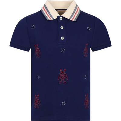 Gucci Kids' Embroidered-design Cotton Polo Shirt In Blue