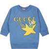 GUCCI LIGHT BLUE SWEATSHIRT FOR BABY KIDS WITH PRINT AND LOGO