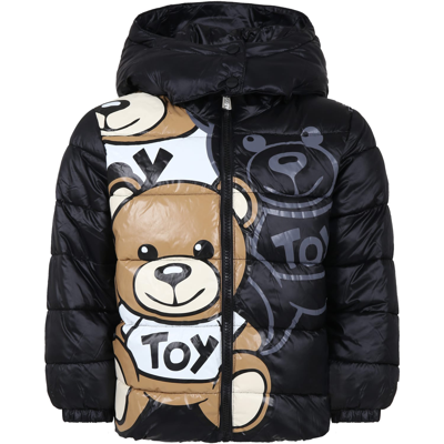 Moschino Kids' Black Down Jacket For Boy With Teddy Bears And Logo