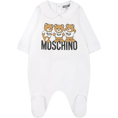 Moschino White Babygrow For Baby Kids With Teddy Bears And Logo In Bianco