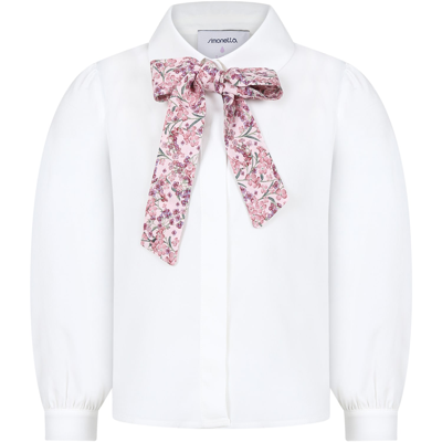 Simonetta Kids' White Shirt For Girl With Bow In Ivory/pink