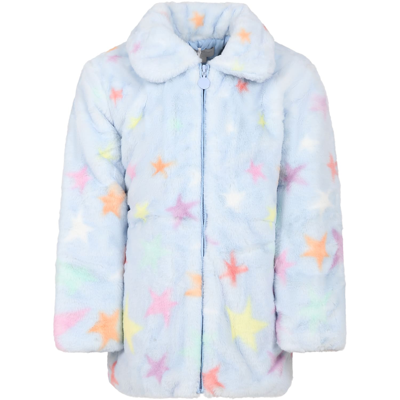Stella Mccartney Kids' Light Blue Coat For Girl With Stars In Multicolor