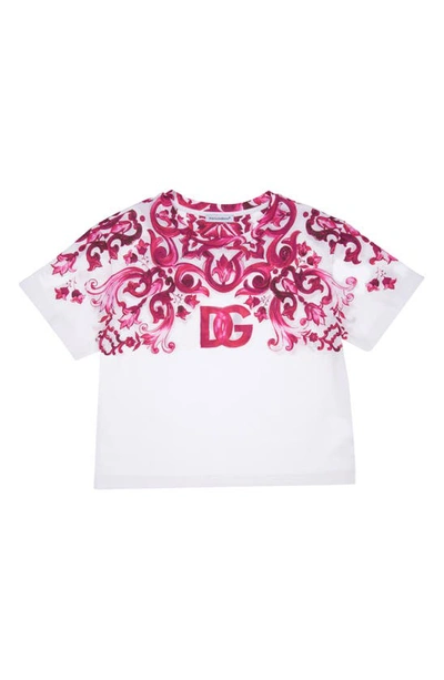 Dolce & Gabbana Kids' Majolica Print Cotton Logo Tee In Fuchsia Multiprint