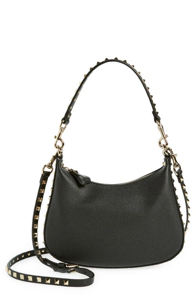 Valentino Garavani Small Rockstud Leather Hobo Bag In 0no Nero
