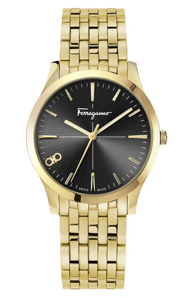 Ferragamo Slim Formal Black Dial Stainless Steel Bracelet Watch, 35mm X 7.5mm In Gold