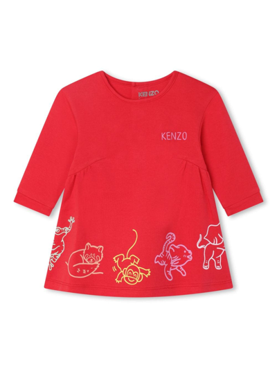 Kenzo Babies' Graphic-print Crew-neck Dress In Red