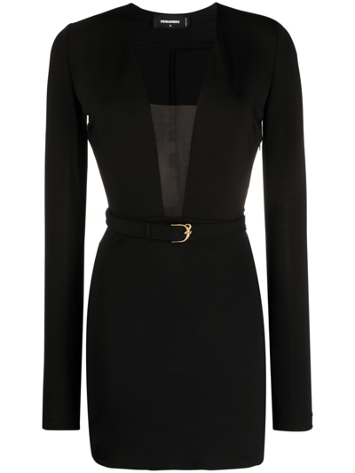 Dsquared2 Plunging-neckline Belted Minidress In Black