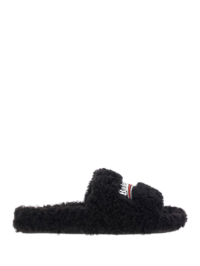 Prada Balenciaga Furry Logo Embroidery Slides In Black