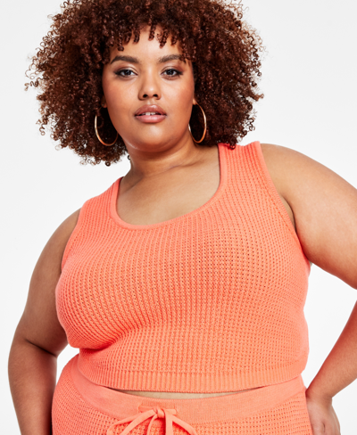 Nina Parker Trendy Plus Size Sleeveless Crochet Tank Top In Living Coral