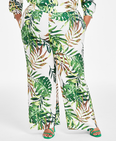 Nina Parker Trendy Plus Size Tropical-print Wide-leg Pants In Palm Leaf