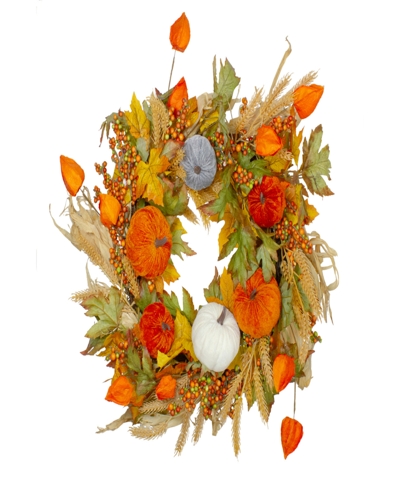 Northlight Velvet Pumpkins And Wheat Artificial Fall Harvest Wreath In Orange