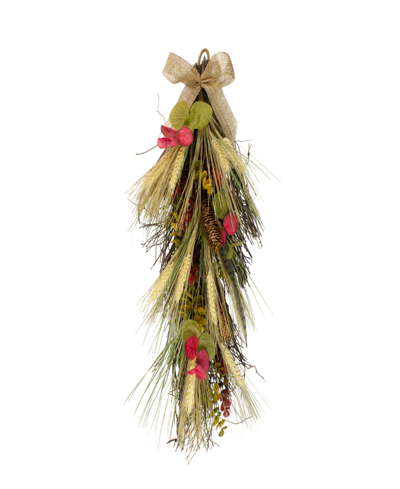 Northlight 24" Autumn Harvest Wheat And Eucalyptus With Feathers Teardrop Swag In Red