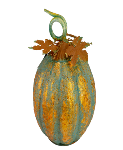 Northlight 13" Orange And Gold-tone Autumn Pumpkin Metal Tabletop Decoration In Green