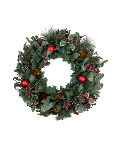 Northlight Frosted Long Needle Pine And Ornaments Artificial Christmas Wreath 32" In Green