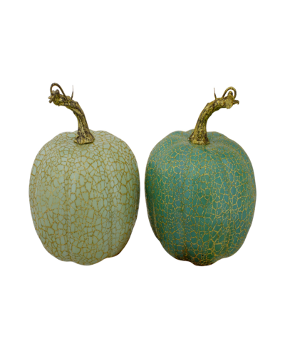Northlight Set Of 2 Green And Gold-tone Crackle Fall Harvest Tabletop Thanksgiving Pumpkins 5"