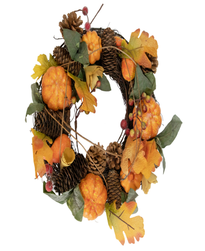 Northlight Pumpkin And Pinecone Autumn Harvest Wreath 13.5" Unlit In Brown