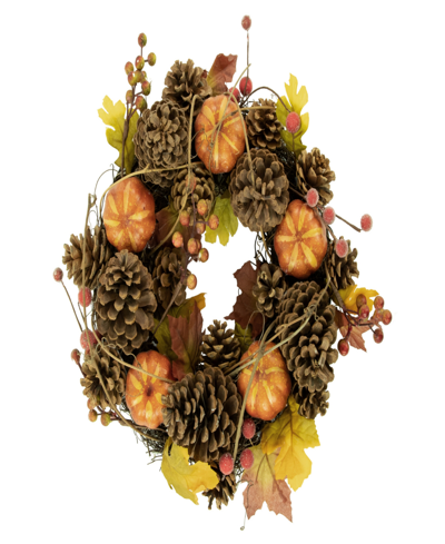 Northlight Pinecone And Pumpkin Autumn Harvest Wreath 13.5" Unlit In Brown