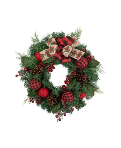 Northlight Pine Artificial Christmas Wreath With Bows And Plaid Ornaments 24" Unlit In Green