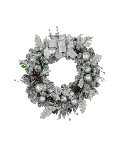Northlight Glitter And Frosted Foliage Artificial Christmas Wreath With Bow 30" Unlit In White
