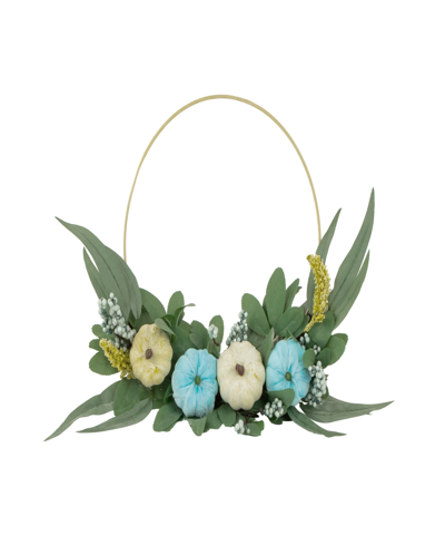 Northlight Blue Pumpkins And Foliage Thanksgiving Artificial Half Wreath 18"