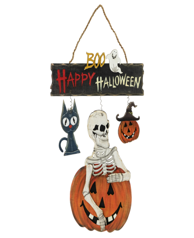 Northlight 14.5" Skeleton With Jack-o'-lanterns And Cat "happy Halloween" Hanging Decoration In Black