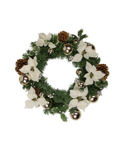 Northlight Decorated Cream Colored Poinsettia And Berry Artificial Christmas Wreath 24" Unlit In Green