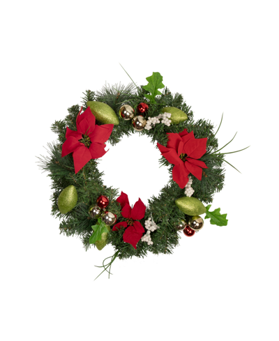 Northlight Decorated Poinsettia And Pine Artificial Christmas Wreath 24" Unlit In Green