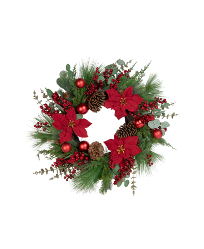 Northlight Artificial Berry And Poinsettia Christmas Wreath 28" Unlit In Green
