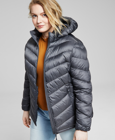 Charter Club Women's Plus Size Hooded Packable Puffer Coat, Created For Macy's In Smoke Pearl