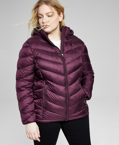 Charter Club Women's Plus Size Hooded Packable Puffer Coat, Created For Macy's In Deep Plum