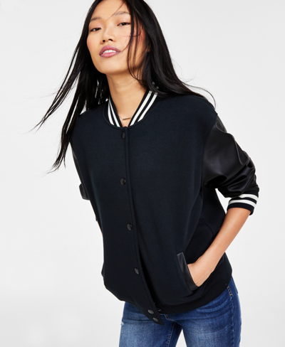 Hippie Rose Juniors' Faux-leather-trim Bomber Jacket In Black