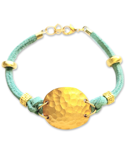 Minu Jewels Gold-tone Hammered Disc Suede Cord Flex Bracelet In Gold Aqua
