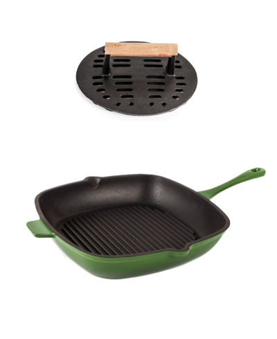 Berghoff Neo Enameled Cast Iron 2 Piece Grill Pan And Slotted Steak Press Set In Green