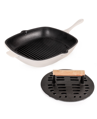 Berghoff Neo Enameled Cast Iron 2 Piece Grill Pan And Slotted Steak Press Set In Cream