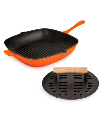 Berghoff Neo Enameled Cast Iron 2 Piece Grill Pan And Slotted Steak Press Set In Orange