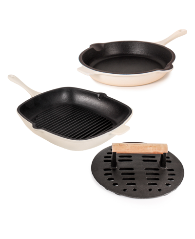 Berghoff Neo Enameled Cast Iron 3 Piece 10" Fry Pan, 11" Grill Pan, And Slotted Steak Press Set In Cream