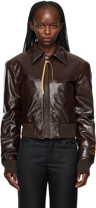 Acne Studios Burgundy Crinkled Leather Bomber Jacket In Brown/burgundy